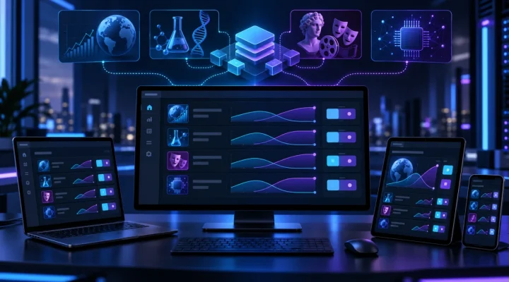 Panel multidispositivo que ilustra mercados de predicción sobre varios temas