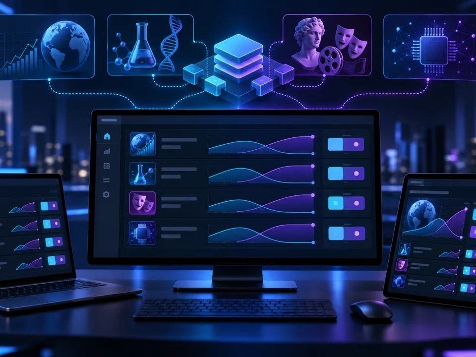 Panel multidispositivo que ilustra mercados de predicción sobre varios temas