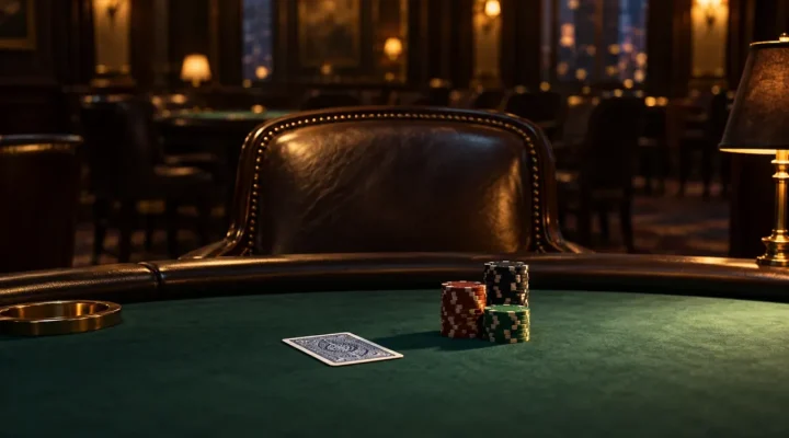 An empty chair beside poker chips and a face-down card at a softly lit table