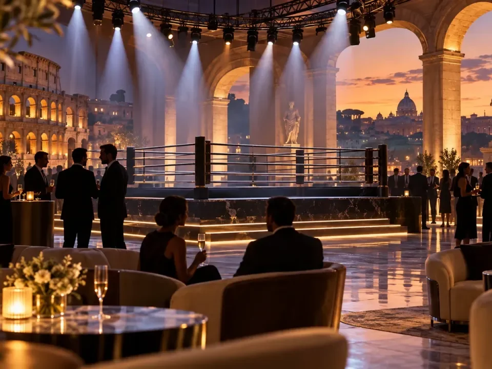 Ring de boxeo conceptual en un salón privado de conferencias con vistas a Roma