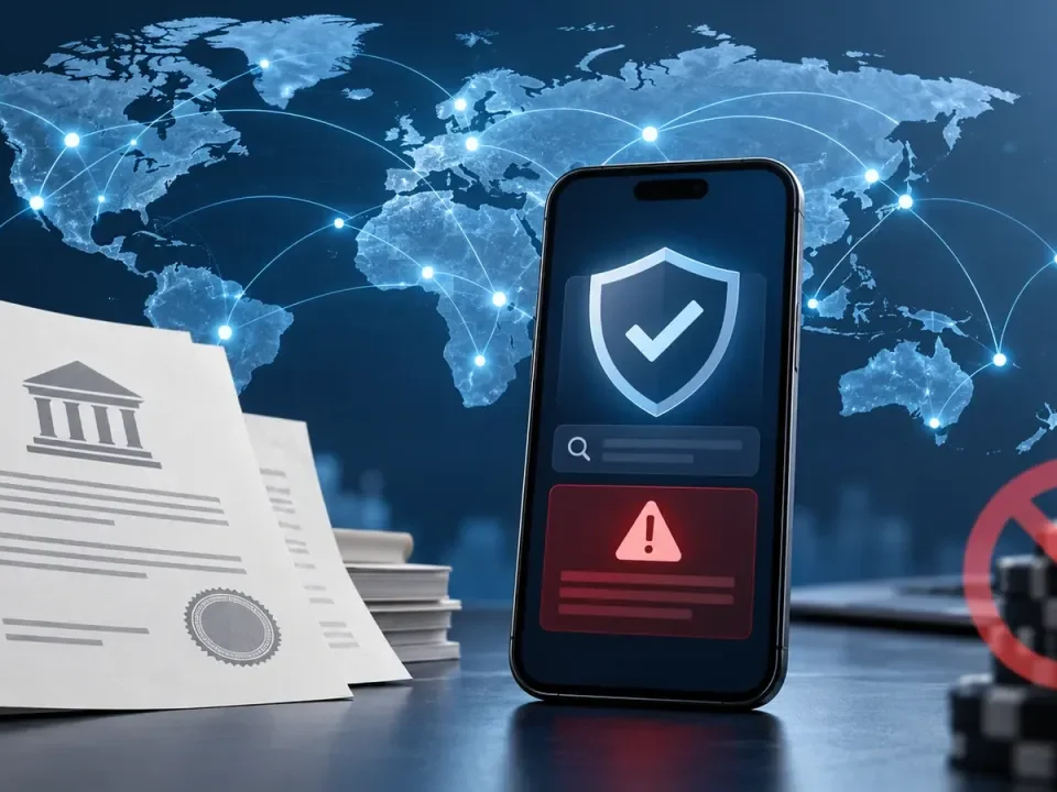 Global licensing network with a smartphone verification shield and illegal gambling warning