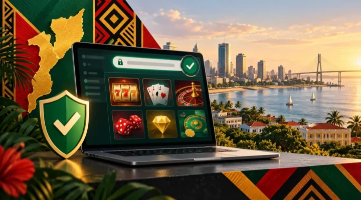 Ilustración generada de una interfaz de casino online protegida ante una ciudad costera mozambiqueña