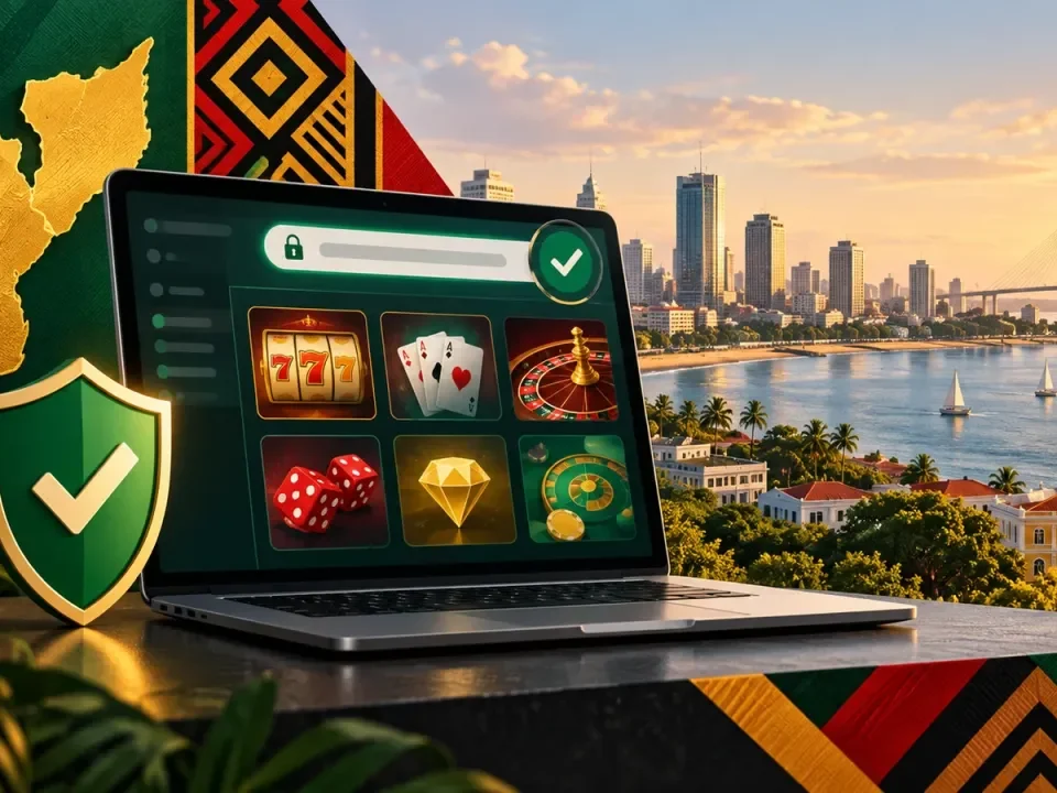 Ilustración generada de una interfaz de casino online protegida ante una ciudad costera mozambiqueña