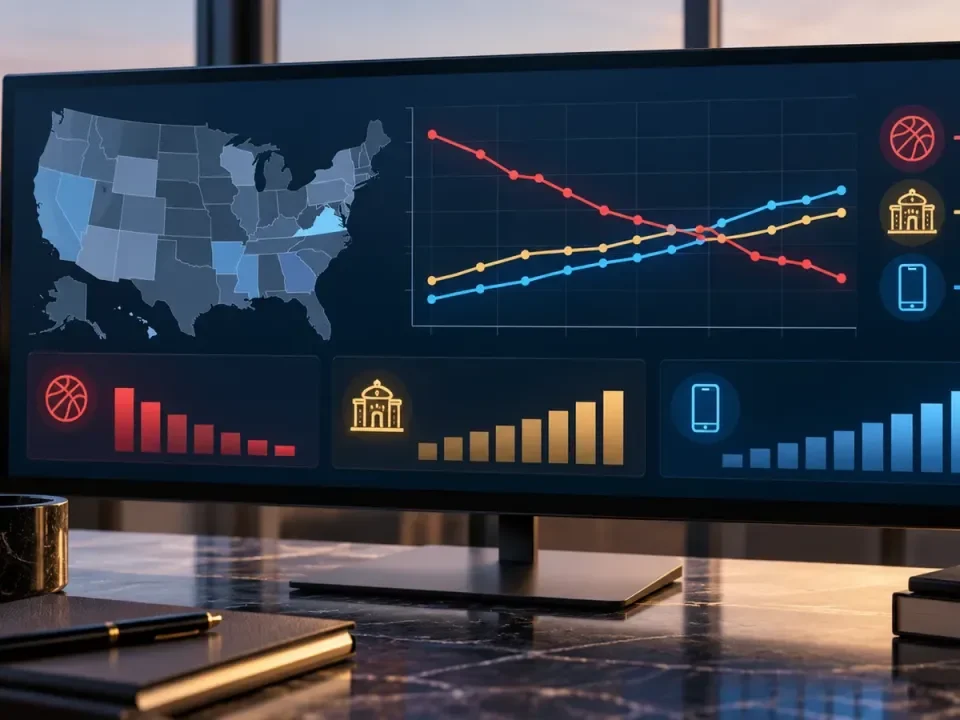 Generated US gaming analytics illustration with a falling sports-betting line beside rising casino and online-gaming indicators