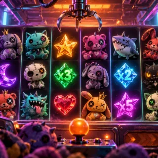 Stitched plush creatures inside a glowing arcade claw machine