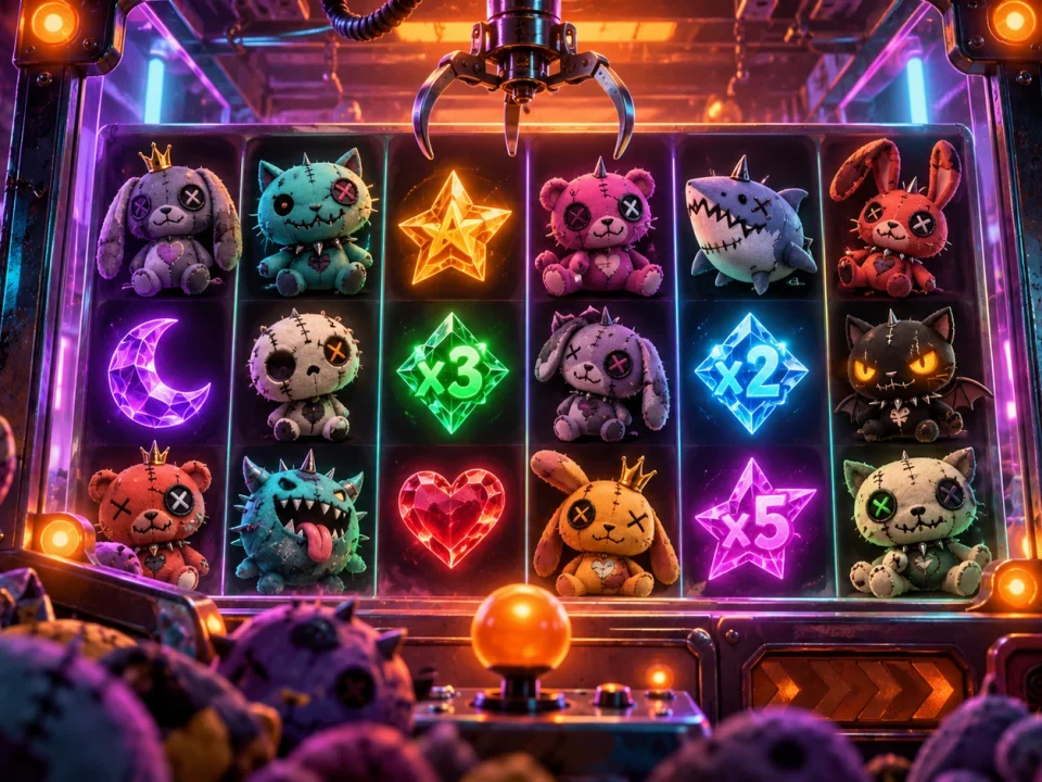 Stitched plush creatures inside a glowing arcade claw machine