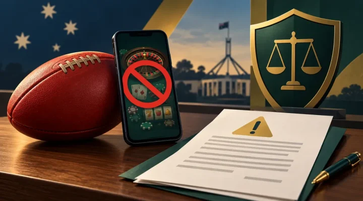 Illustrated Australian football, blocked gambling app and formal regulatory warning