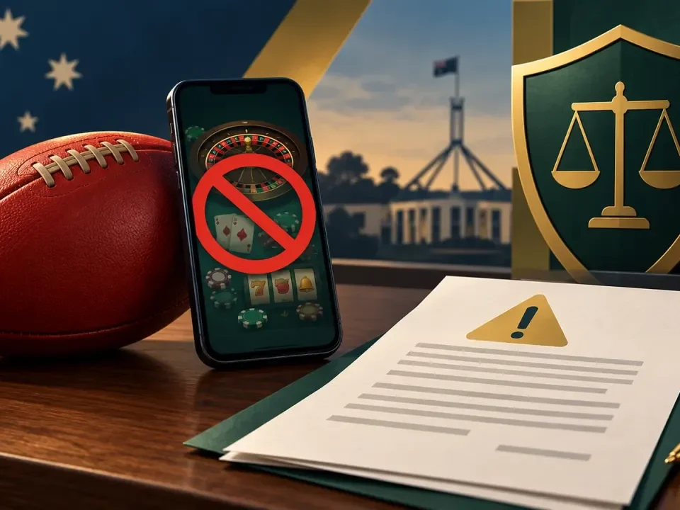 Illustrated Australian football, blocked gambling app and formal regulatory warning