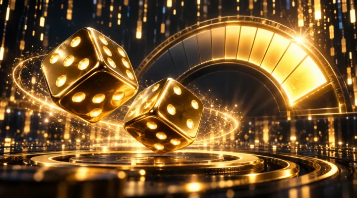 Dados dorados junto a un medidor iluminado de jackpot progresivo