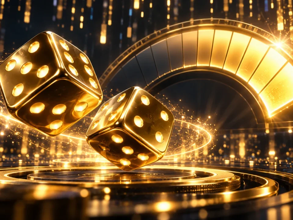 Dados dorados junto a un medidor iluminado de jackpot progresivo