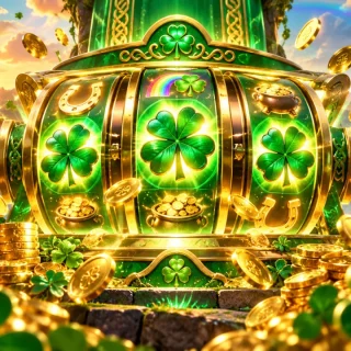 Original Irish-themed slot illustration with clovers, coins and expanding reels