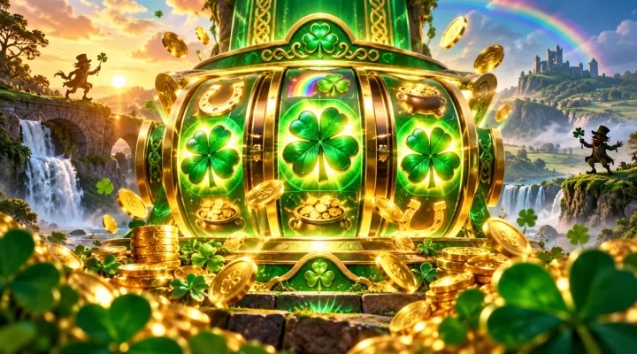 Original Irish-themed slot illustration with clovers, coins and expanding reels