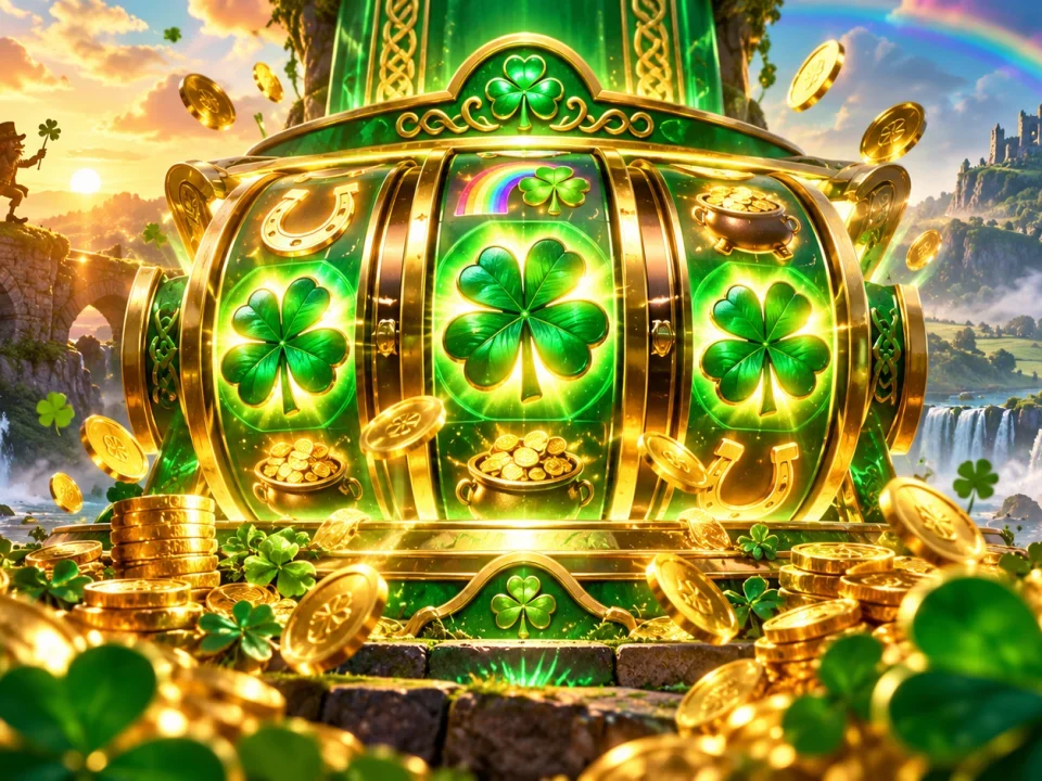 Original Irish-themed slot illustration with clovers, coins and expanding reels