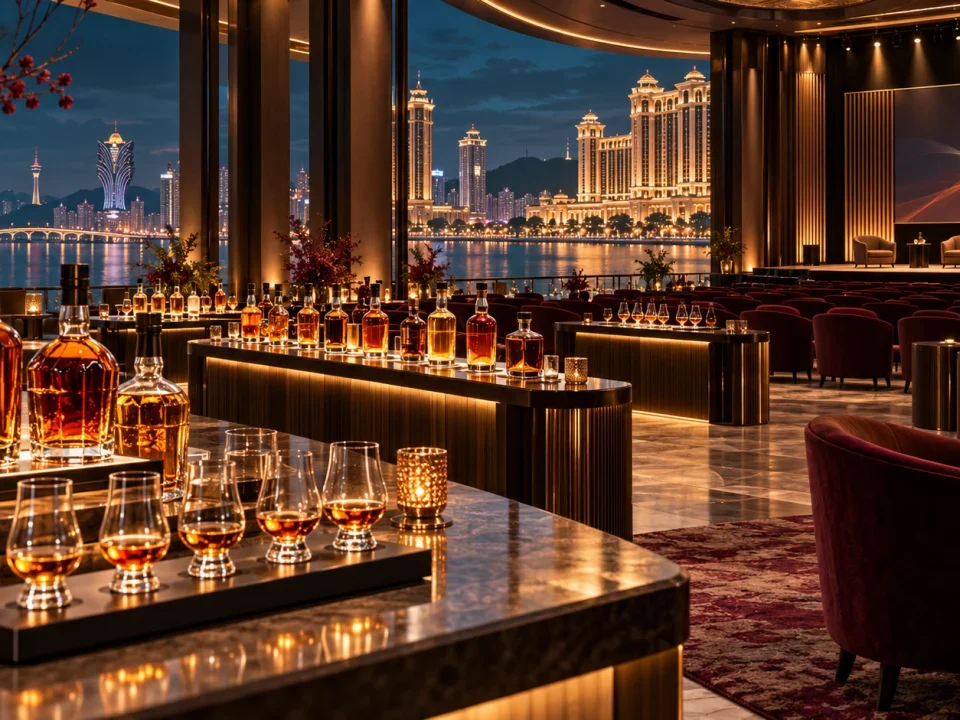 Conceptual Macau resort hall prepared for an international whisky showcase