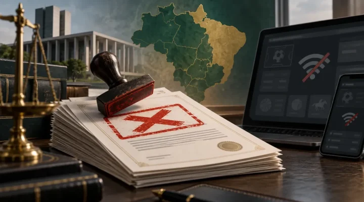 Documentos de licencia cancelados junto a una pantalla de apuestas desconectada y un mapa ilustrado de Brasil