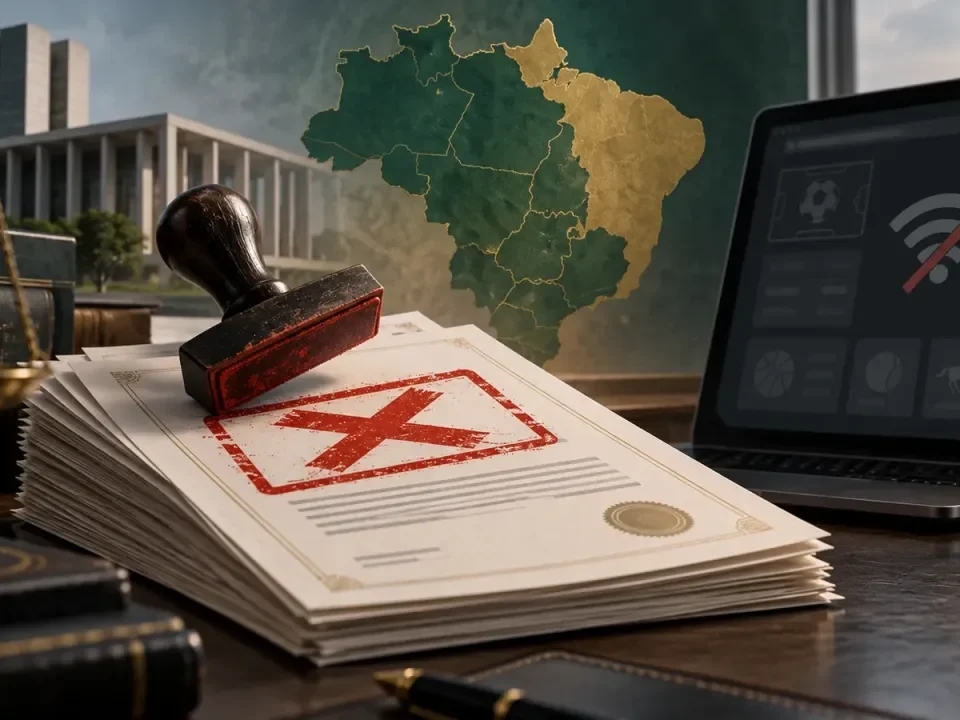 Documentos de licencia cancelados junto a una pantalla de apuestas desconectada y un mapa ilustrado de Brasil