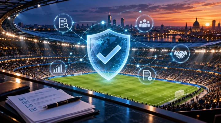 Conceptual football stadium with a verification shield and due diligence symbols