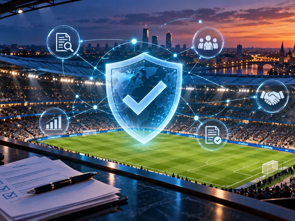 Conceptual football stadium with a verification shield and due diligence symbols