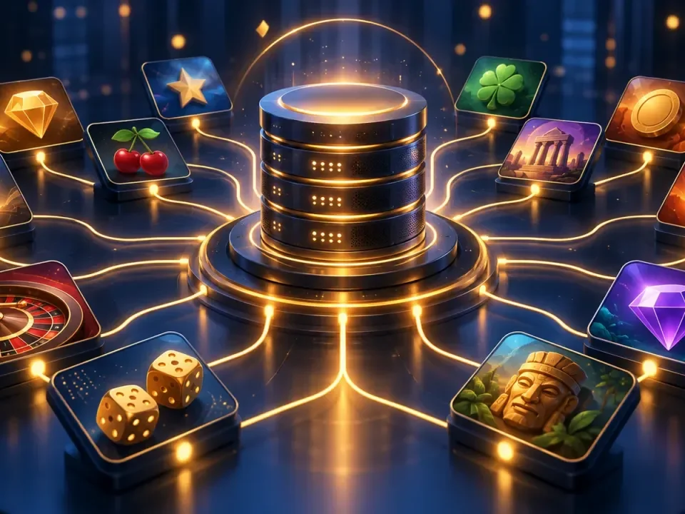 Generated illustration of a central game-aggregation server connecting many abstract game tiles