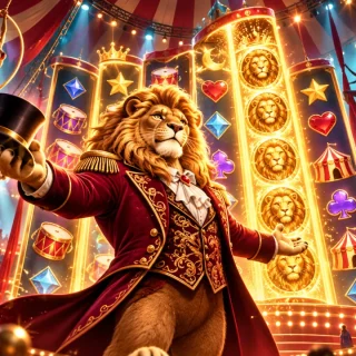 Lion ringmaster before glowing circus-themed slot reels
