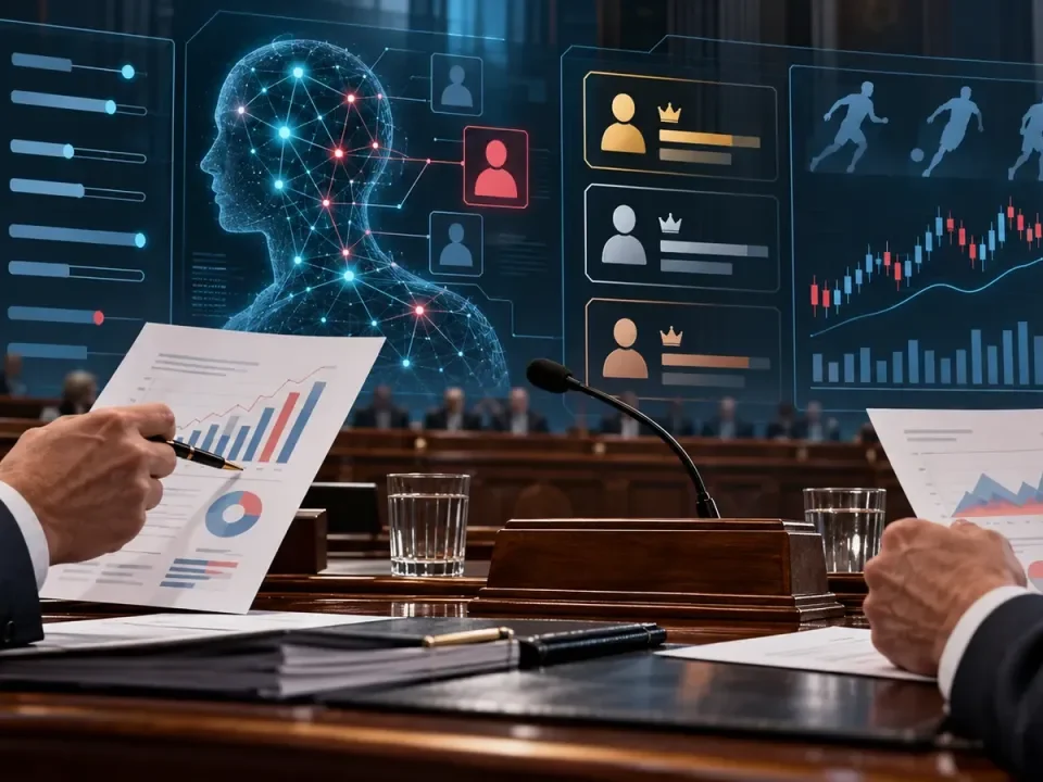 Illustration of lawmakers reviewing digital betting and artificial-intelligence analytics