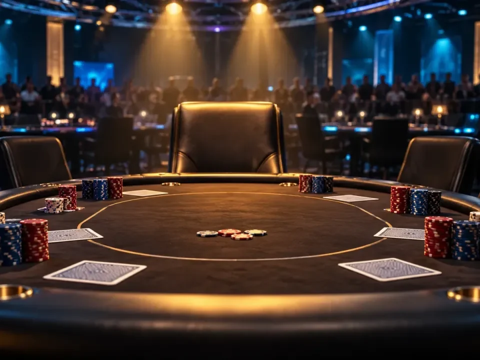 Mesa final de póker ilustrada bajo las luces del torneo tras una victoria