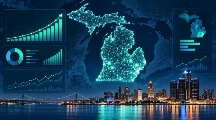 Digital map of Michigan surrounded by upward gaming revenue charts