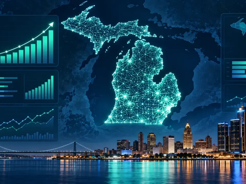 Digital map of Michigan surrounded by upward gaming revenue charts