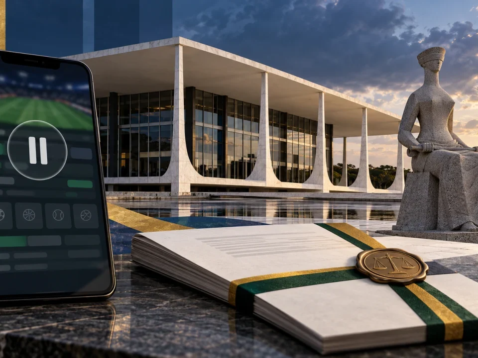 Brazil's Supreme Federal Court beside a paused mobile betting interface and regulatory document