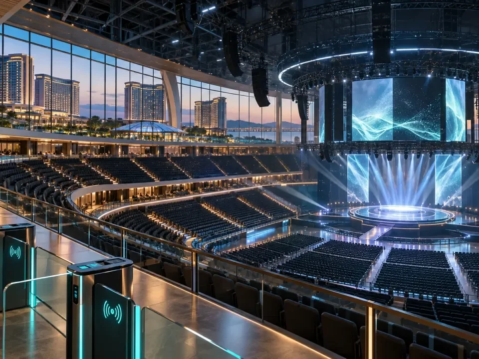 Arena de entretenimiento moderna conceptual con accesos digitales y un complejo turístico al fondo