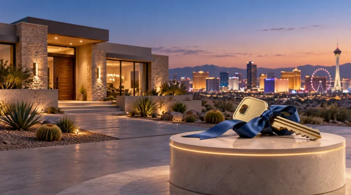 Llaves de una vivienda junto a una casa moderna en el desierto y el perfil de Las Vegas al fondo