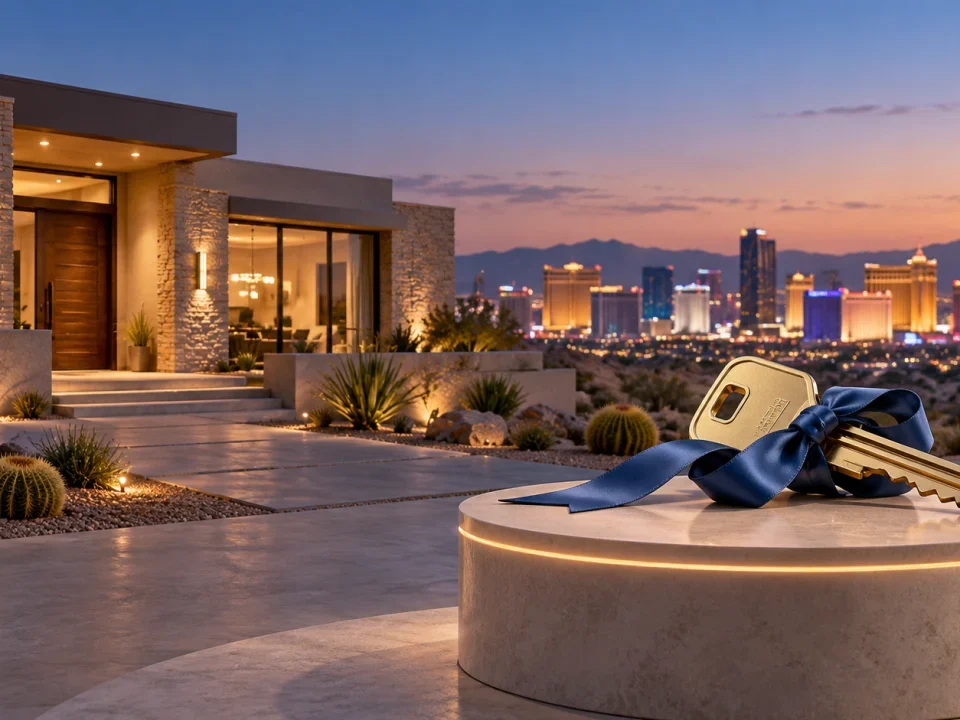 Llaves de una vivienda junto a una casa moderna en el desierto y el perfil de Las Vegas al fondo