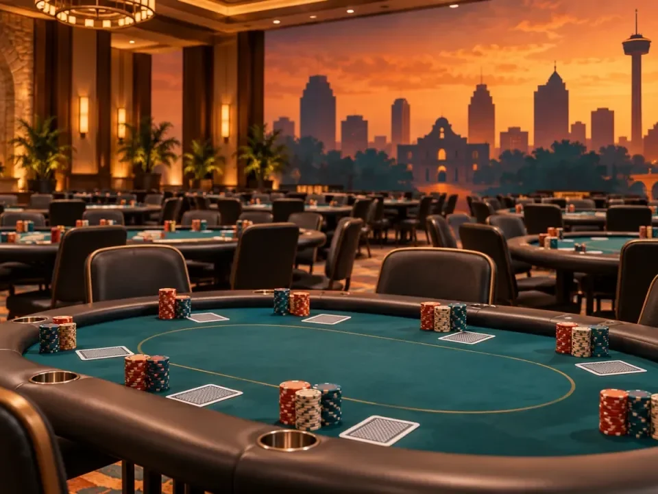 Sala conceptual de torneo de póker con el horizonte de San Antonio al atardecer