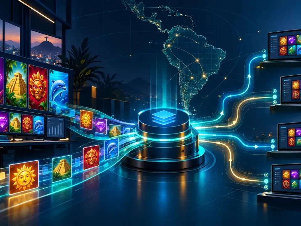Illustration of slot-game tiles moving through a digital aggregation hub to operator screens