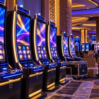 Generic portrait gaming cabinets being installed on a modern casino floor