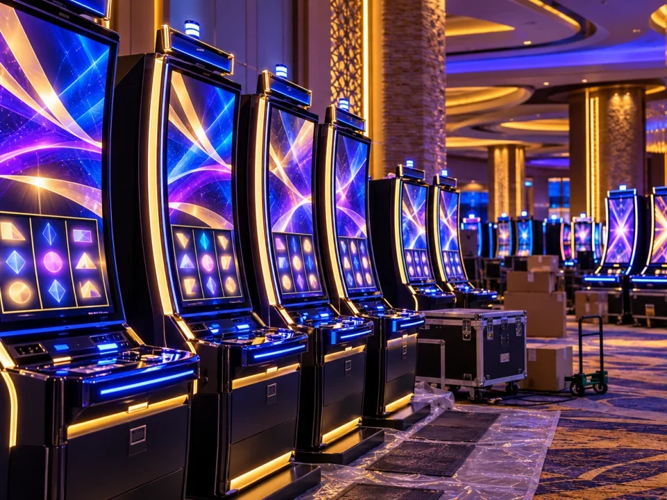 Generic portrait gaming cabinets being installed on a modern casino floor