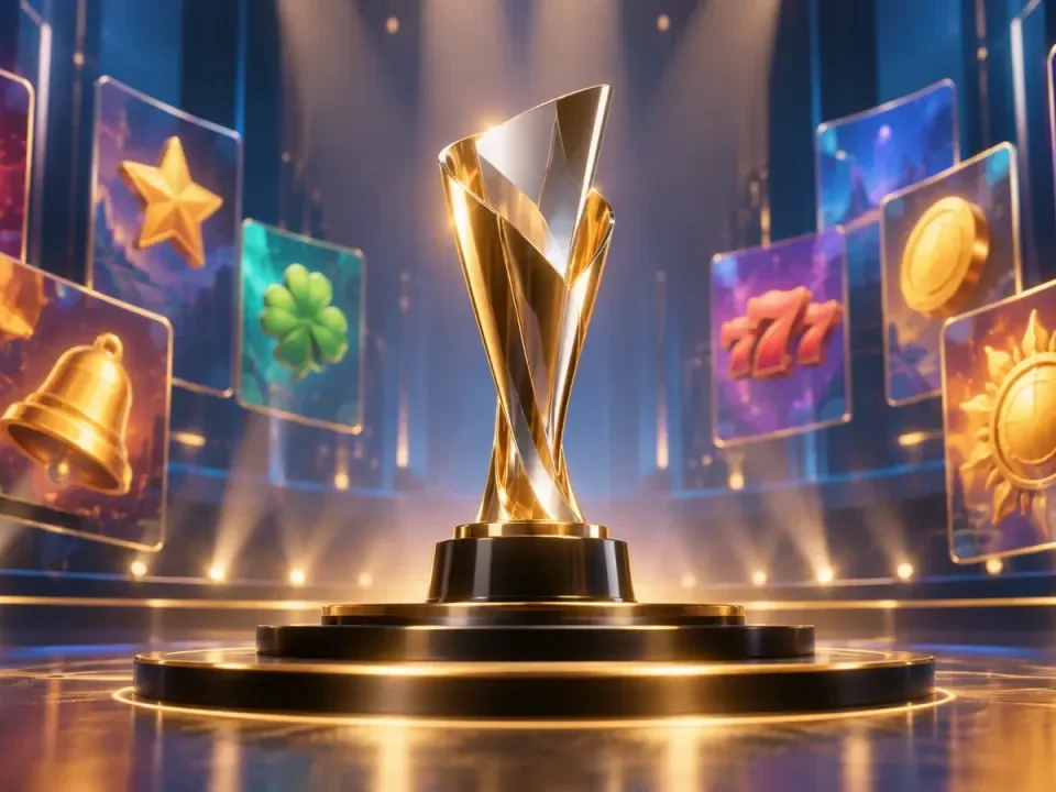 Generated illustration of an unbranded award trophy surrounded by abstract digital game tiles