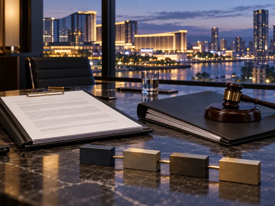 Documentos conceptuales de revisión de préstamo y sanción judicial en una sala de juntas de un operador de casinos