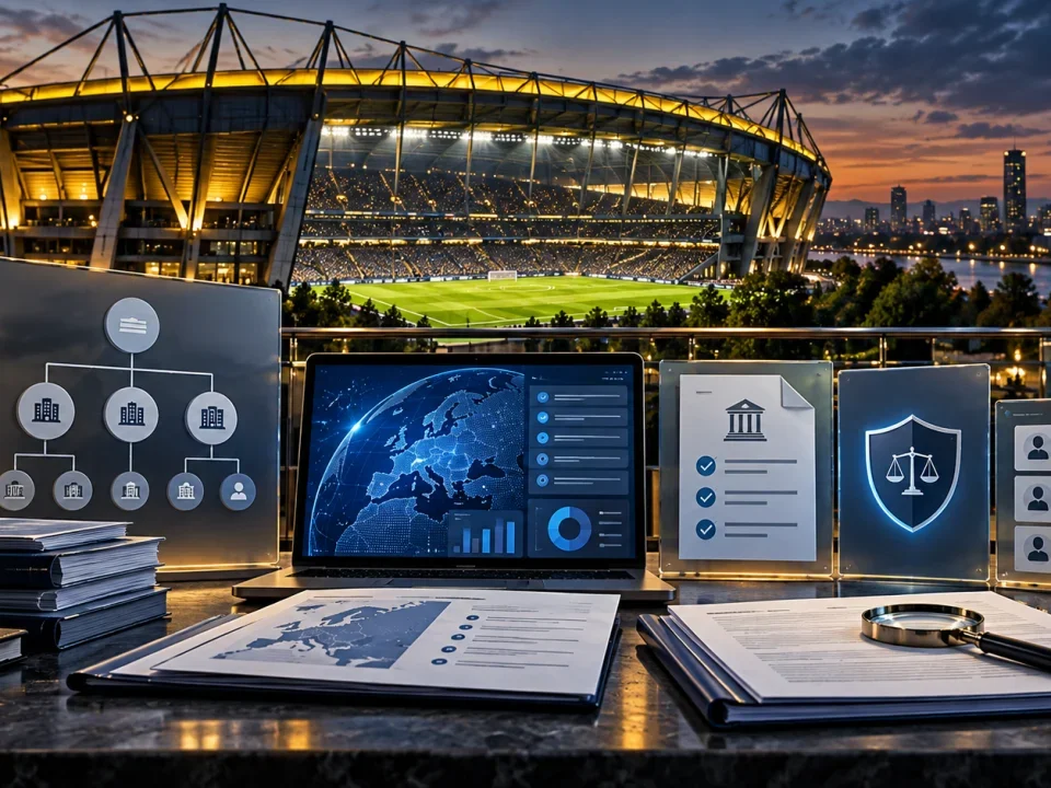 Football stadium beside digital corporate ownership and compliance review screens