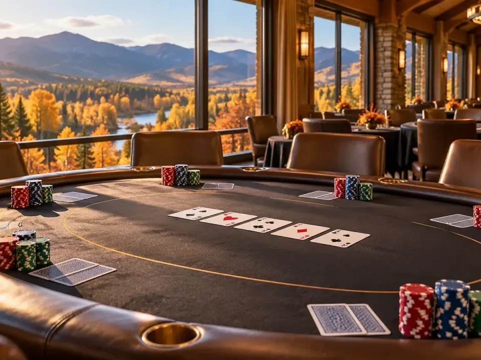 Mesa conceptual de torneo de póker con vistas a un paisaje montañoso otoñal