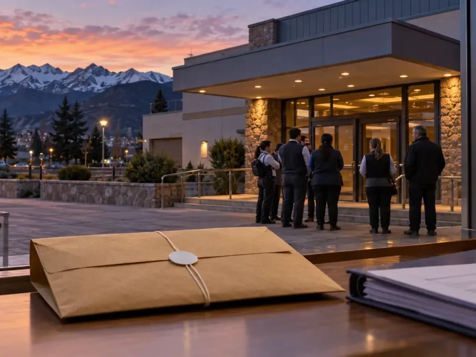 Sobre conceptual de licitación frente a la entrada de un casino y trabajadores en espera en la Patagonia