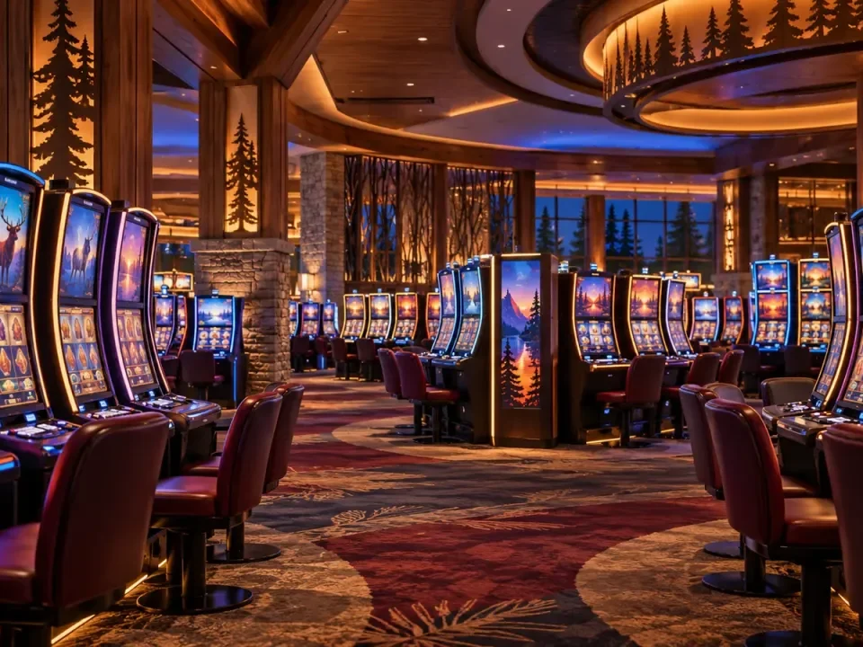 Rows of generic slot machines on a modern woodland-inspired casino floor