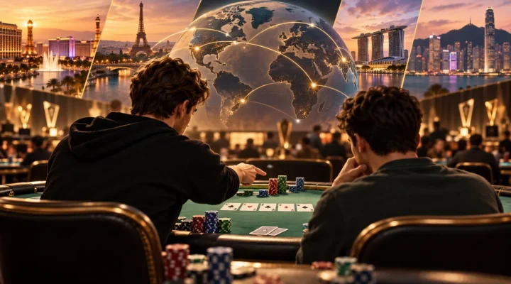 Anonymous poker mentor guiding a player beside a global tour map