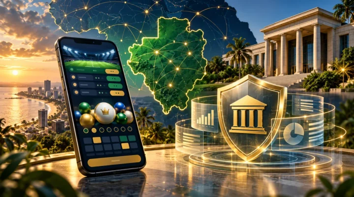 Conceptual mobile gaming platform beside a digital map of Gabon and an oversight shield