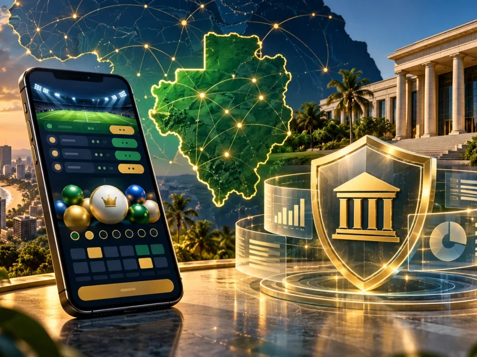 Conceptual mobile gaming platform beside a digital map of Gabon and an oversight shield