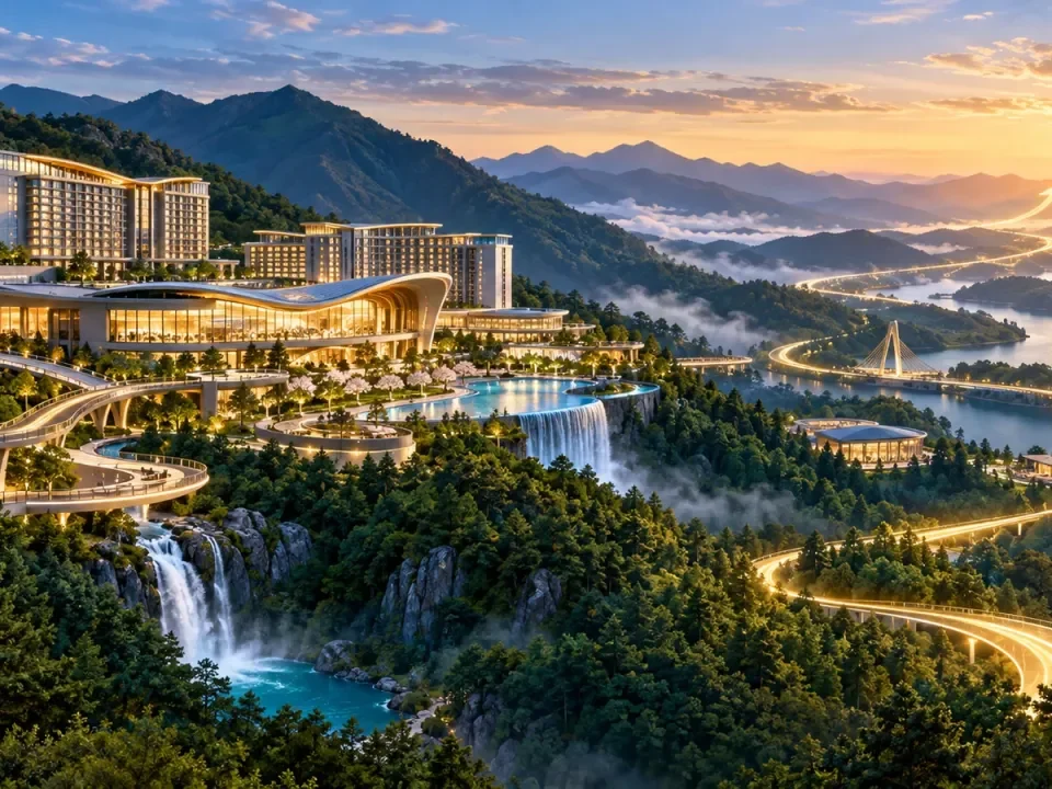 Mountain integrated resort at dawn with a luminous path representing long-term growth