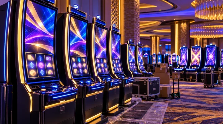 Gabinetes de juego verticales genéricos en instalación dentro de un casino moderno