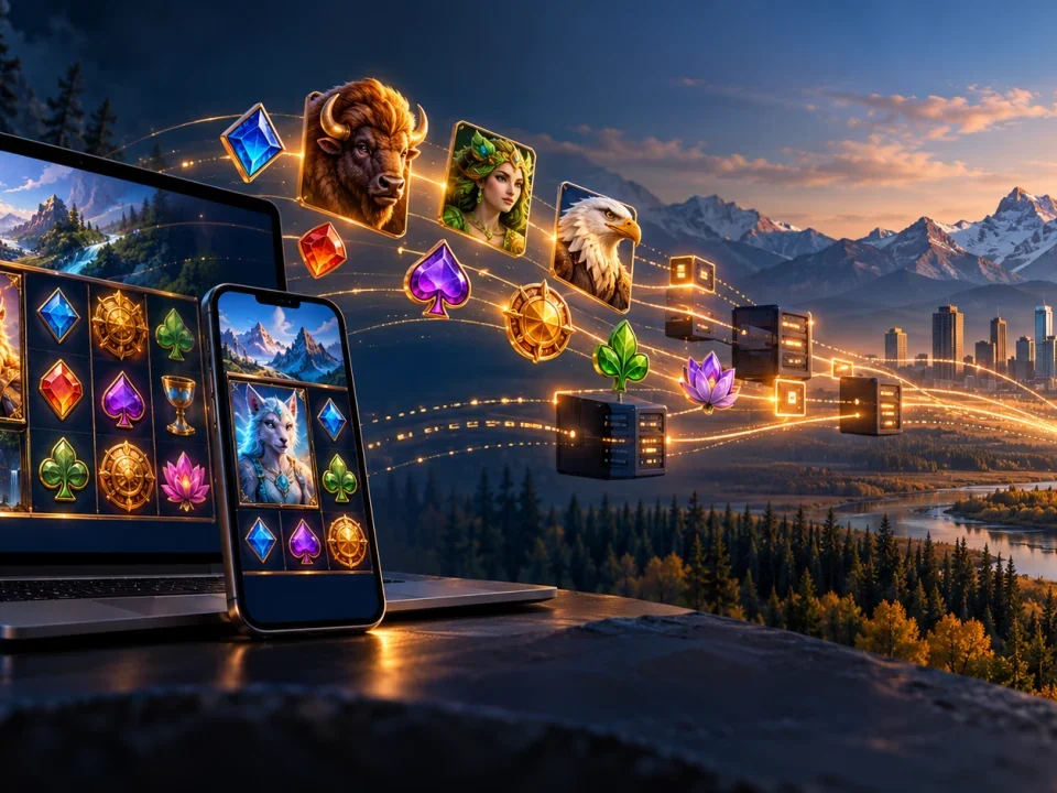 Digital casino games distributed across devices against an Alberta landscape