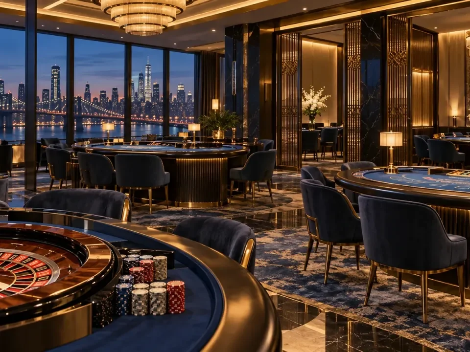 Conceptual premium casino salon with table games and a New York skyline