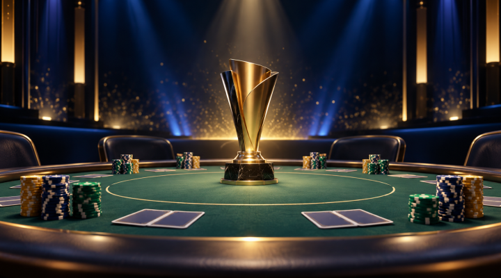 Generated editorial illustration of an unbranded poker trophy on an empty final table with generic chips and blank cards